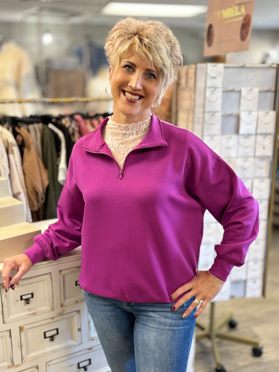 Zenana Easy Does It Half Zip Scuba Pullover-Tops-zENANA-Evergreen Boutique, Women’s Fashion Boutique in Santa Claus, Indiana