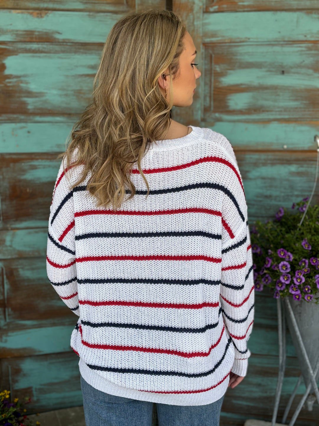 Red & Blue Stripe Sweater-Sweaters-Anniewear-Evergreen Boutique, Women’s Fashion Boutique in Santa Claus, Indiana