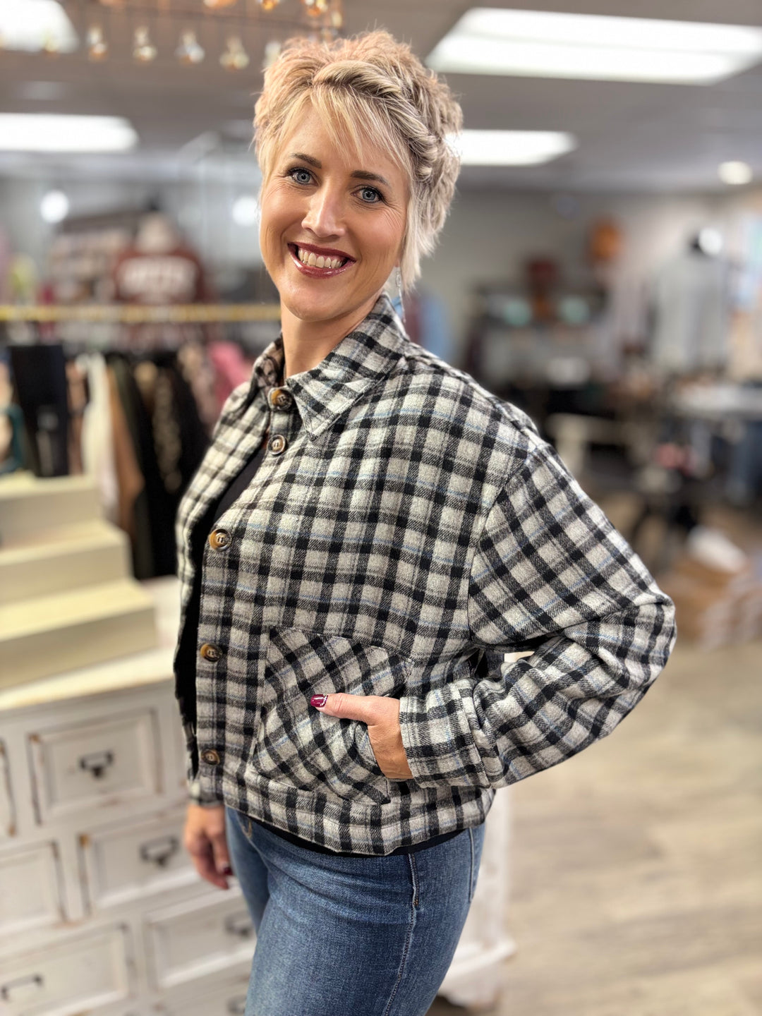 Chill Check Plaid Short Jacket-Tops-HYFVE-Evergreen Boutique, Women’s Fashion Boutique in Santa Claus, Indiana