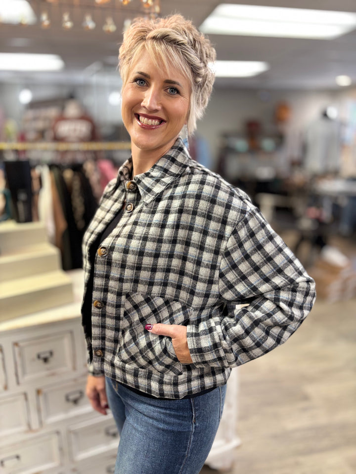 Chill Check Plaid Short Jacket-Tops-HYFVE-Evergreen Boutique, Women’s Fashion Boutique in Santa Claus, Indiana