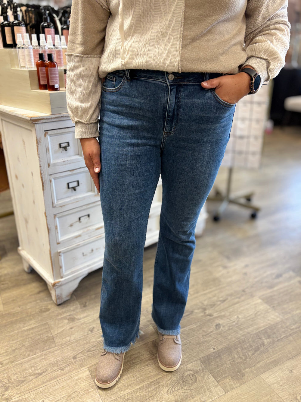 Judy Blue High Waist Double Button Fray Hem Bootcut Denim Jeans-Denim-Judy Blue-Evergreen Boutique, Women’s Fashion Boutique in Santa Claus, Indiana