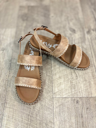 Pair of natural color double strap sandals with back strap closure and cream stitch trim