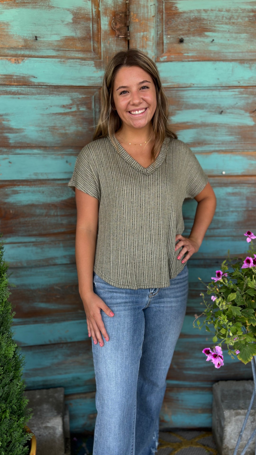 V-Neck Extended Short Sleeve Sweater Knit Top-Short Sleeves-Blu Pepper-Evergreen Boutique, Women’s Fashion Boutique in Santa Claus, Indiana