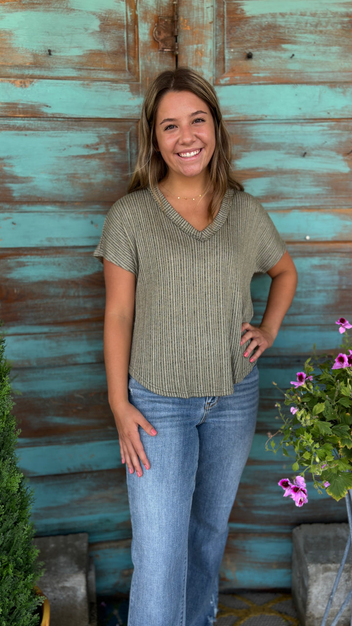 V-Neck Extended Short Sleeve Sweater Knit Top-Short Sleeves-Blu Pepper-Evergreen Boutique, Women’s Fashion Boutique in Santa Claus, Indiana