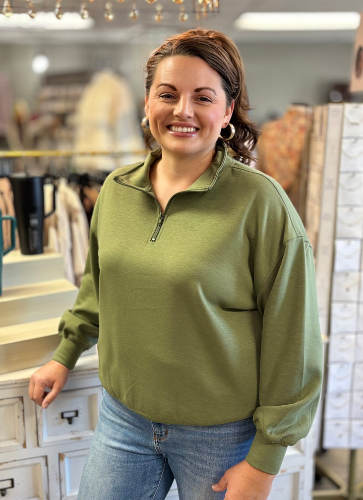 Zenana Easy Does It Half Zip Scuba Pullover-Tops-zENANA-Evergreen Boutique, Women’s Fashion Boutique in Santa Claus, Indiana
