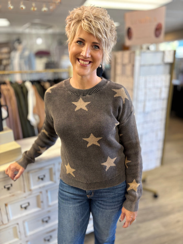 Vintage Washed Star Sweater-Tops-So Me-Evergreen Boutique, Women’s Fashion Boutique in Santa Claus, Indiana