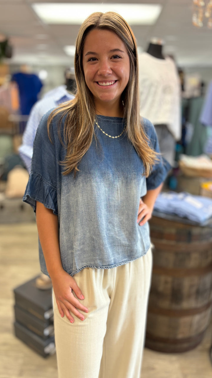 Denim Ruffle Top-Short Sleeves-Mittoshop-Evergreen Boutique, Women’s Fashion Boutique in Santa Claus, Indiana