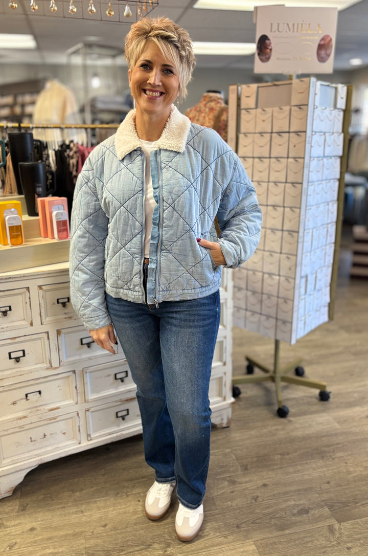 Quilted Chill Sherpa Collar Denim Jacket