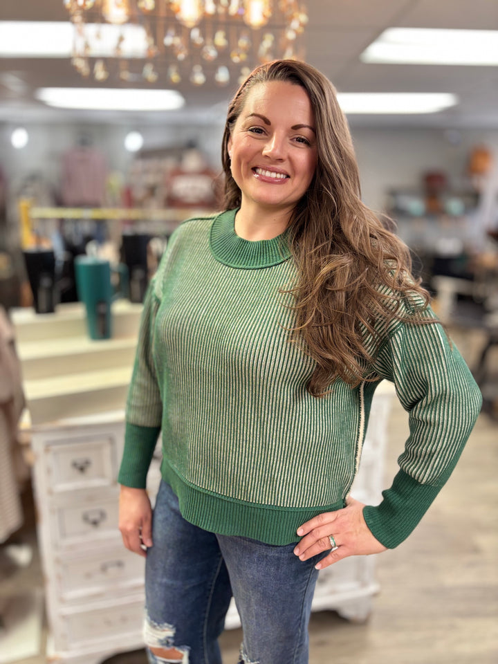 Double Take Exposed Seam Two Tone Sweater-Tops-Zenana-Evergreen Boutique, Women’s Fashion Boutique in Santa Claus, Indiana