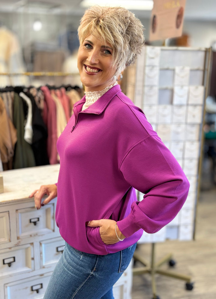 Zenana Easy Does It Half Zip Scuba Pullover-Tops-zENANA-Evergreen Boutique, Women’s Fashion Boutique in Santa Claus, Indiana