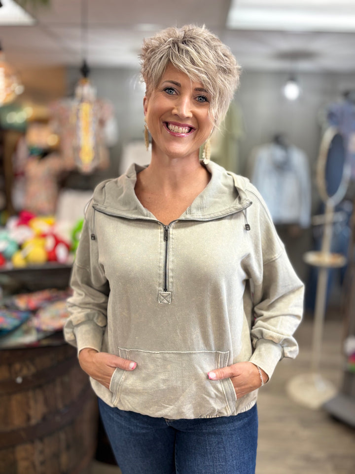 Cinch You Asked Half Zip Hooded Pullover-Tops-Zenana-Evergreen Boutique, Women’s Fashion Boutique in Santa Claus, Indiana