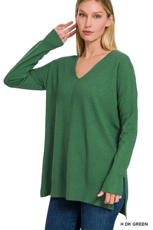 Zenana Hi-Low Hem V-Neck Center Seam Sweater-Sweaters-Zenana-Evergreen Boutique, Women’s Fashion Boutique in Santa Claus, Indiana