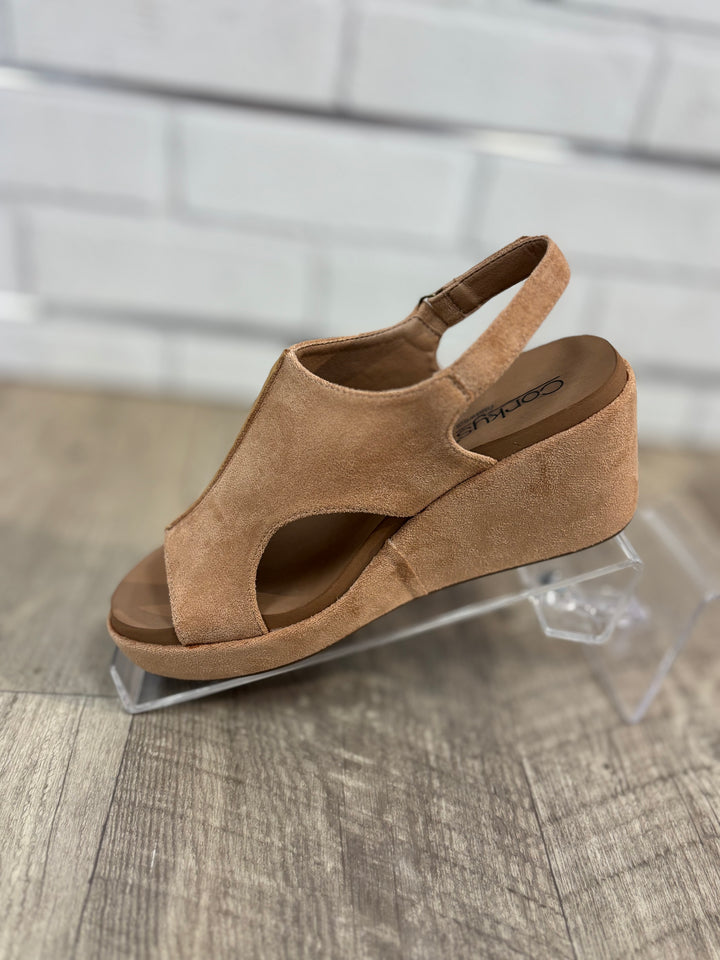 Corkys Carley Too Wedges, Black, Camel Faux Suede-Sandals-Corkys-Evergreen Boutique, Women’s Fashion Boutique in Santa Claus, Indiana