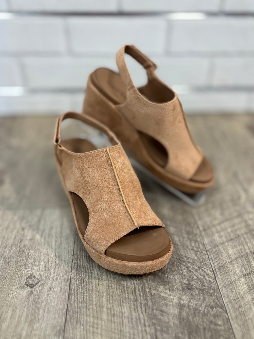 Corkys Carley Too Wedges, Black, Camel Faux Suede-Sandals-Corkys-Evergreen Boutique, Women’s Fashion Boutique in Santa Claus, Indiana