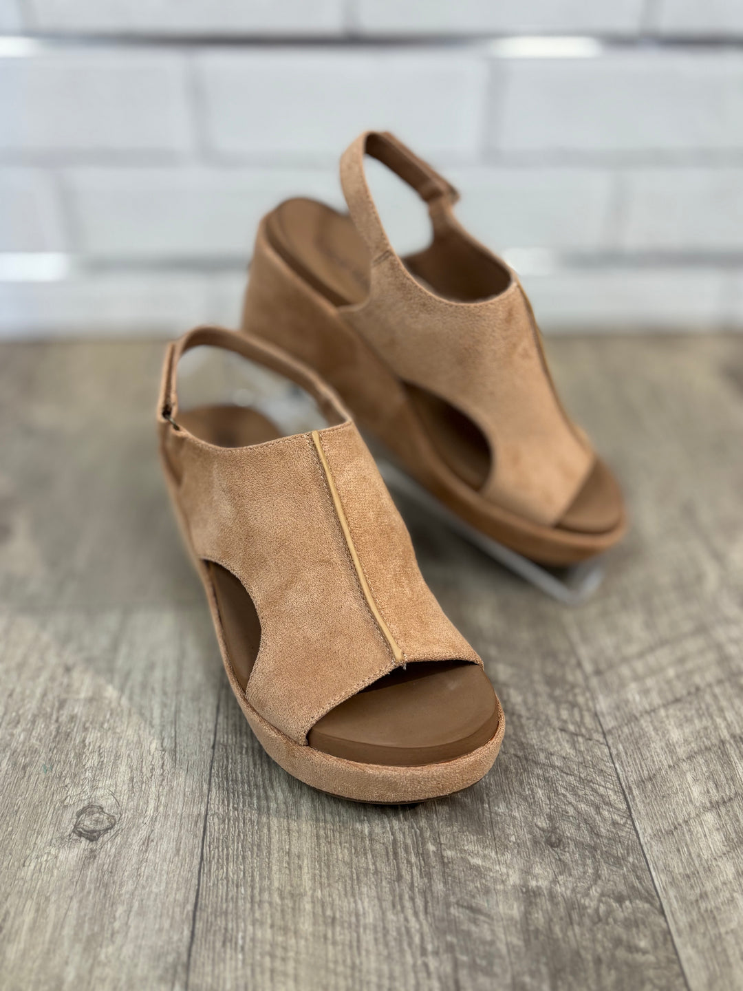 Corkys Carley Too Wedges, Black, Camel Faux Suede-Sandals-Corkys-Evergreen Boutique, Women’s Fashion Boutique in Santa Claus, Indiana