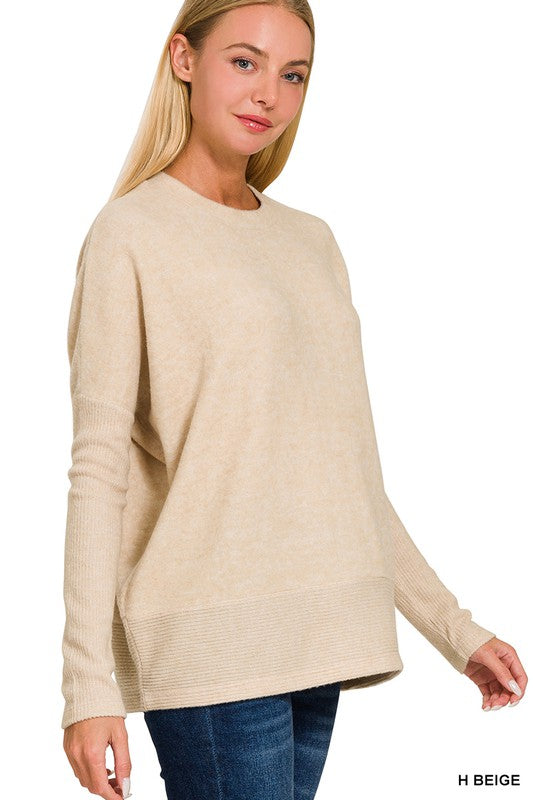 Zenana Brushed Melange Hacci Dolman Sleeve Sweater Evergreen