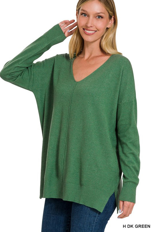 Zenana V-Neck Front Seam Sweater With Side Slit
