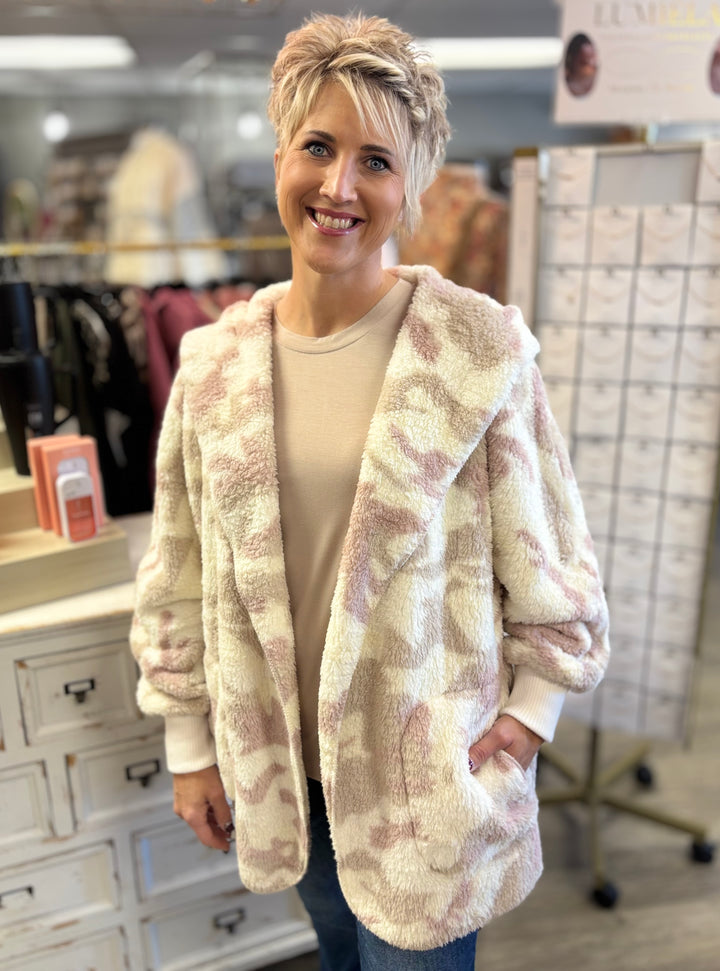 Tickle Me Pink Camo Sherpa Jacket-Tops-Hem & Thread-Evergreen Boutique, Women’s Fashion Boutique in Santa Claus, Indiana