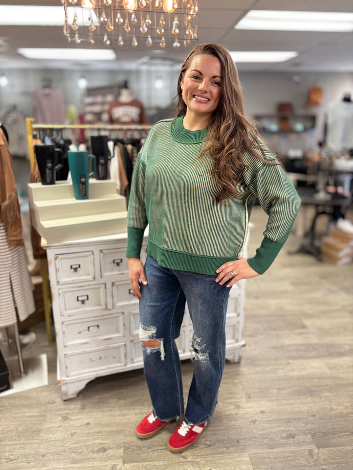 Double Take Exposed Seam Two Tone Sweater-Tops-Zenana-Evergreen Boutique, Women’s Fashion Boutique in Santa Claus, Indiana