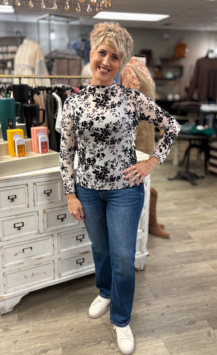 Floral Velvet Sheer Top-Tops-Zutter-Evergreen Boutique, Women’s Fashion Boutique in Santa Claus, Indiana