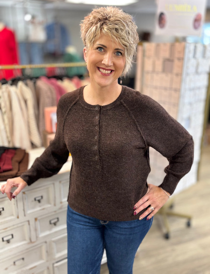 Raglan Sleeve Henley Relaxed Sweater-Tops-Blu Pepper-Evergreen Boutique, Women’s Fashion Boutique in Santa Claus, Indiana