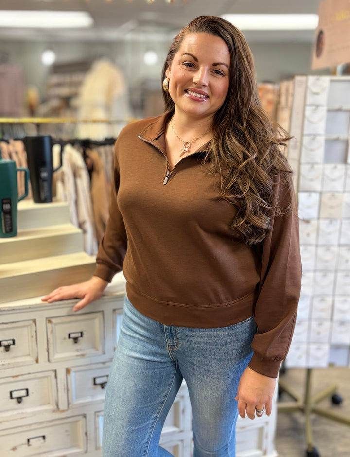 Hit Replay Half Zip Scuba Pullover by Zenana-Tops-Zenana-Evergreen Boutique, Women’s Fashion Boutique in Santa Claus, Indiana