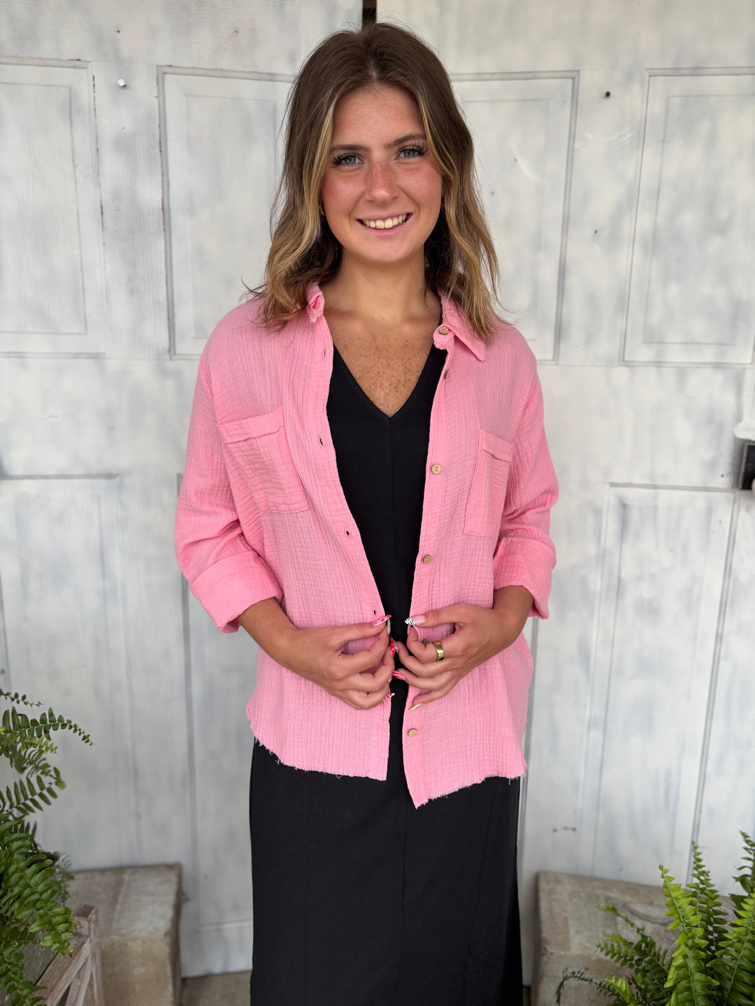 Think Pink Button Down Top-Tops-Zenana-Evergreen Boutique, Women’s Fashion Boutique in Santa Claus, Indiana