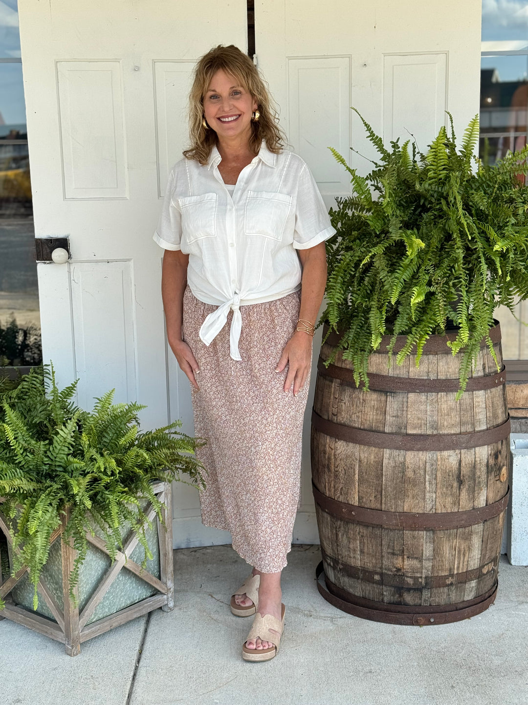 Maisie Tie Front Button Down Shirt-tops-Hem & Thread-Evergreen Boutique, Women’s Fashion Boutique in Santa Claus, Indiana