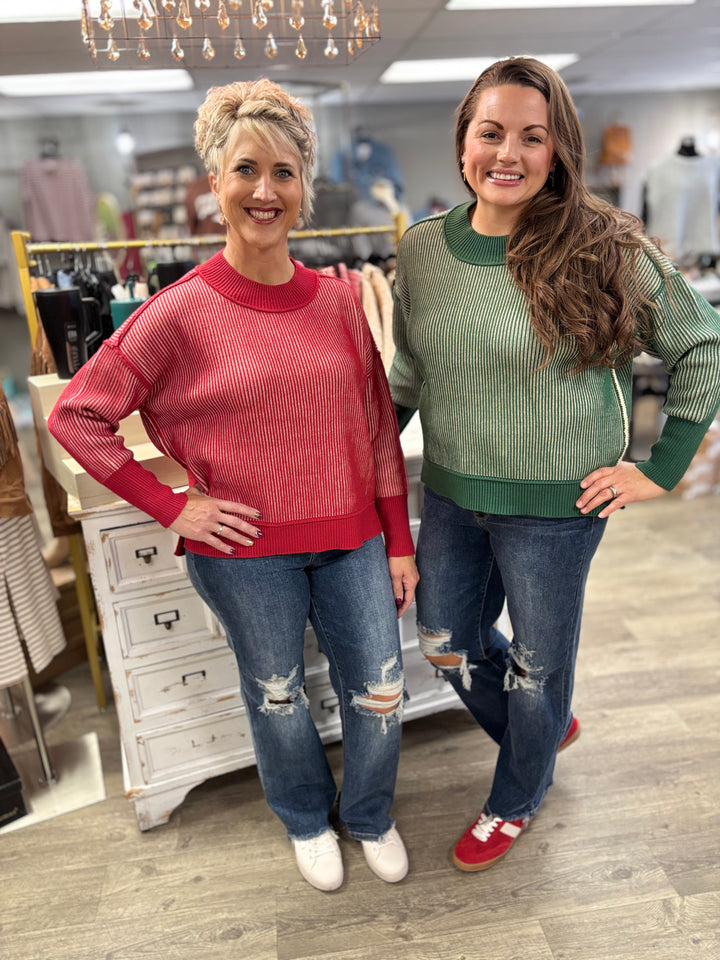 Double Take Exposed Seam Two Tone Sweater-Tops-Zenana-Evergreen Boutique, Women’s Fashion Boutique in Santa Claus, Indiana