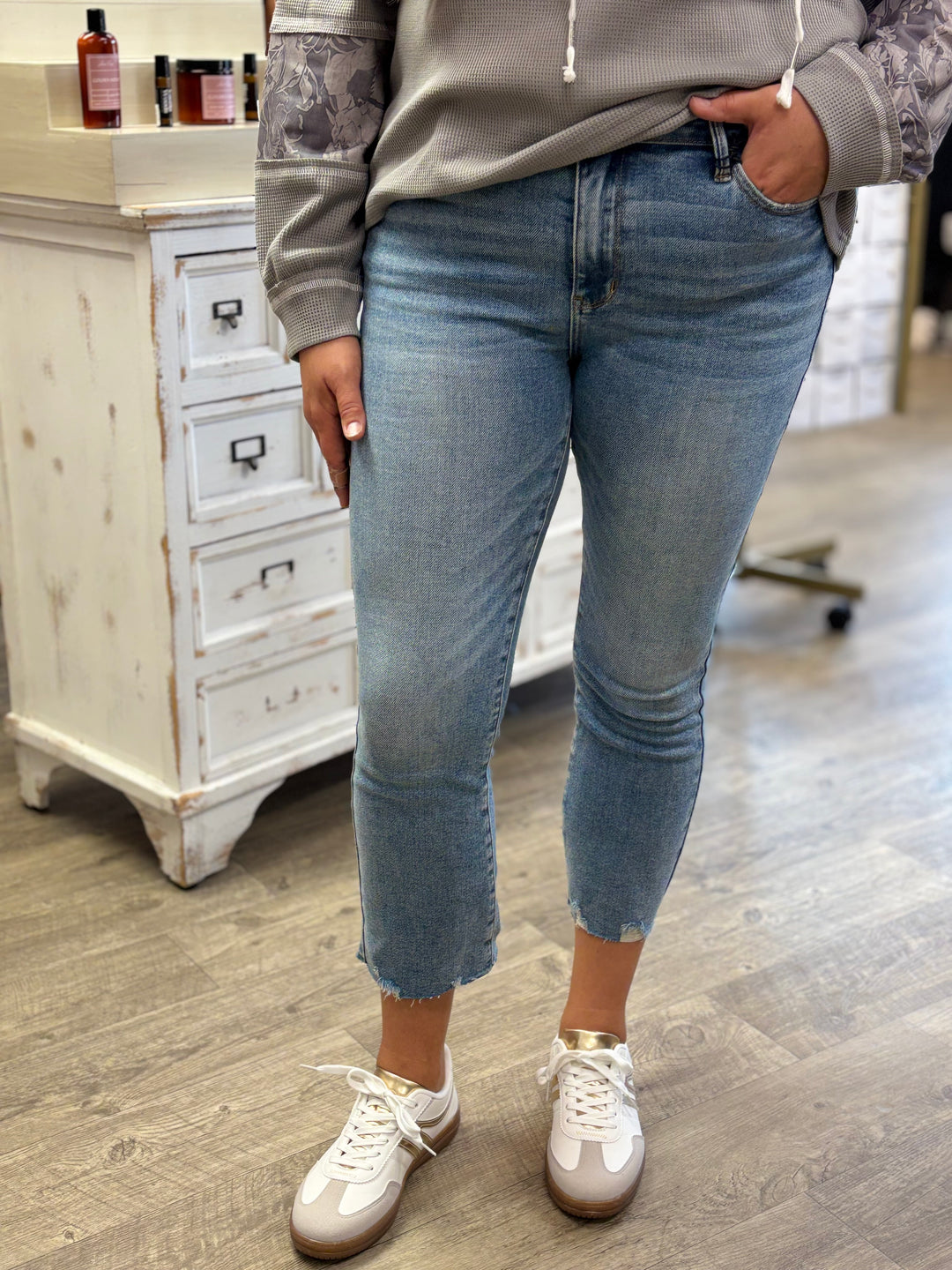 Judy Blue Midrise Vintage Wash Destroy Hem Kick Flare Jeans try it-Bottoms-Judy Blue-Evergreen Boutique, Women’s Fashion Boutique in Santa Claus, Indiana