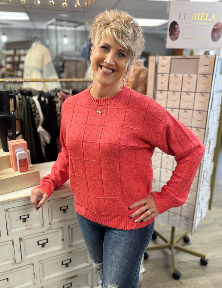 Windowpane Two Tone Knit Sweater-Tops-La Miel-Evergreen Boutique, Women’s Fashion Boutique in Santa Claus, Indiana