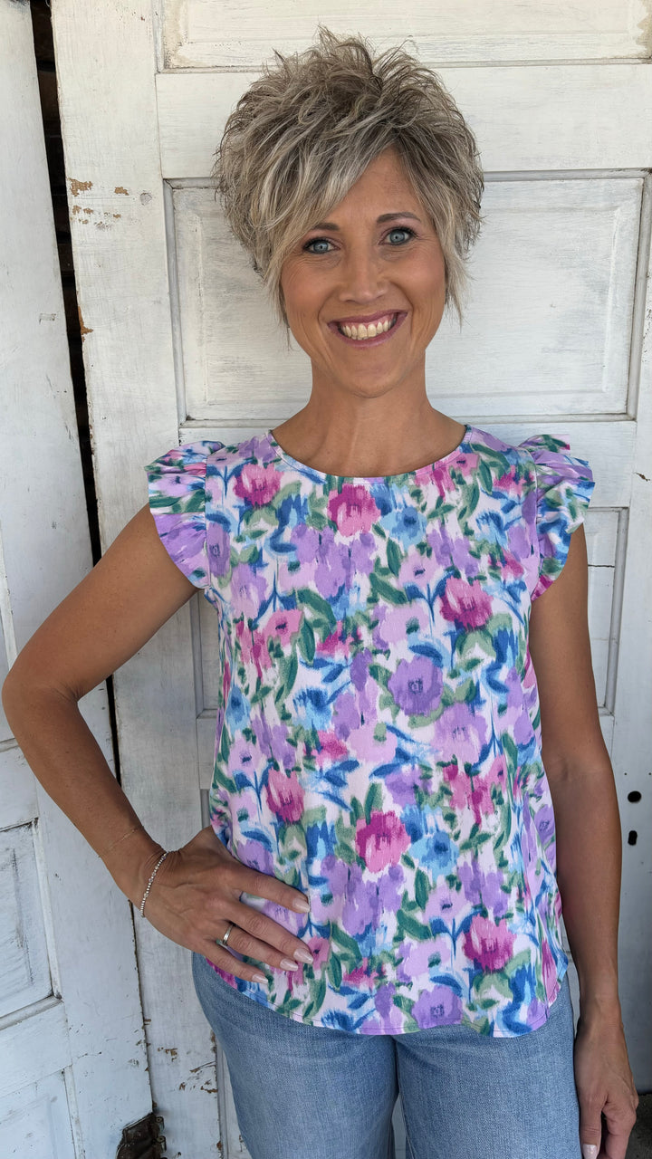 Shelly Floral Ruffle Cap Sleeve Top-Short Sleeves-Les Amis-Evergreen Boutique, Women’s Fashion Boutique in Santa Claus, Indiana