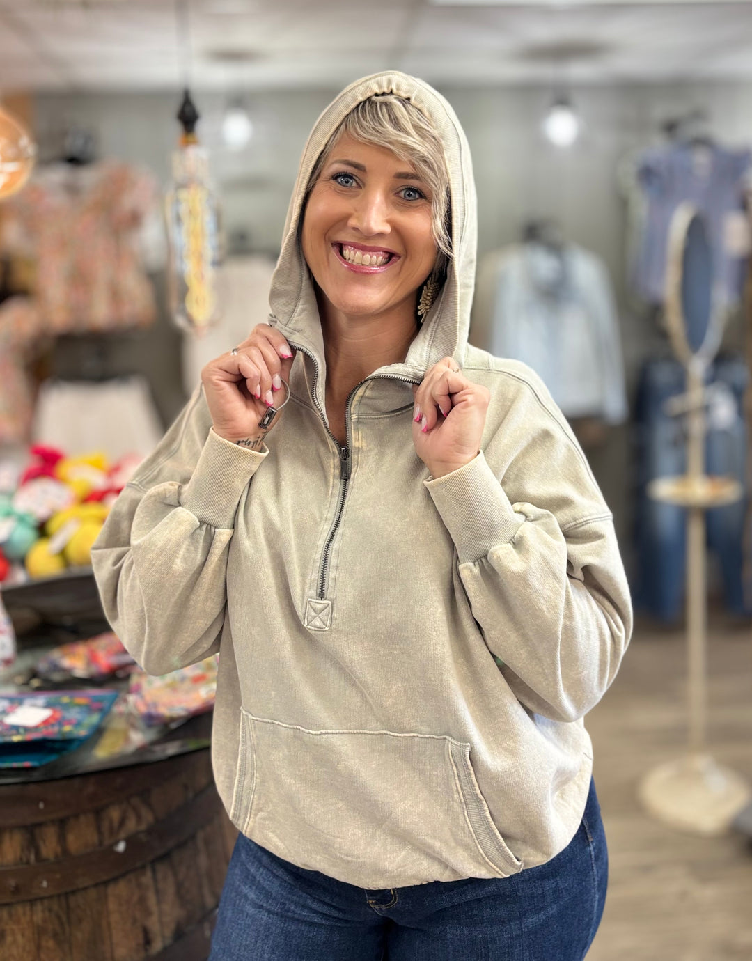 Cinch You Asked Half Zip Hooded Pullover-Tops-Zenana-Evergreen Boutique, Women’s Fashion Boutique in Santa Claus, Indiana