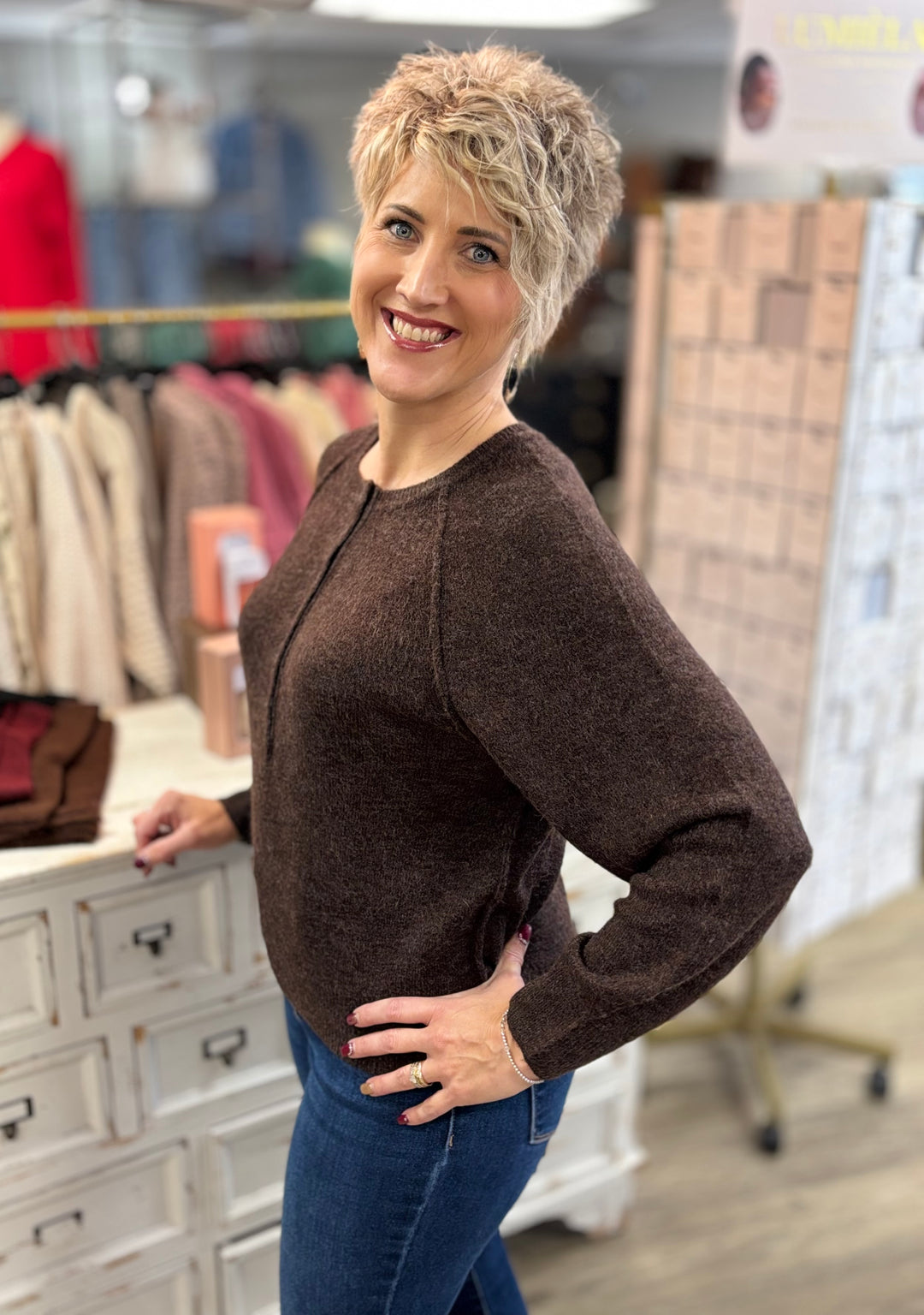 Raglan Sleeve Henley Relaxed Sweater-Tops-Blu Pepper-Evergreen Boutique, Women’s Fashion Boutique in Santa Claus, Indiana