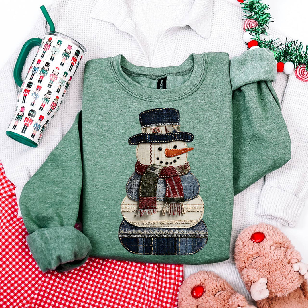 Patchwork Snowman Sweatshirt-Tops-Trendy Tee Co.-Evergreen Boutique, Women’s Fashion Boutique in Santa Claus, Indiana