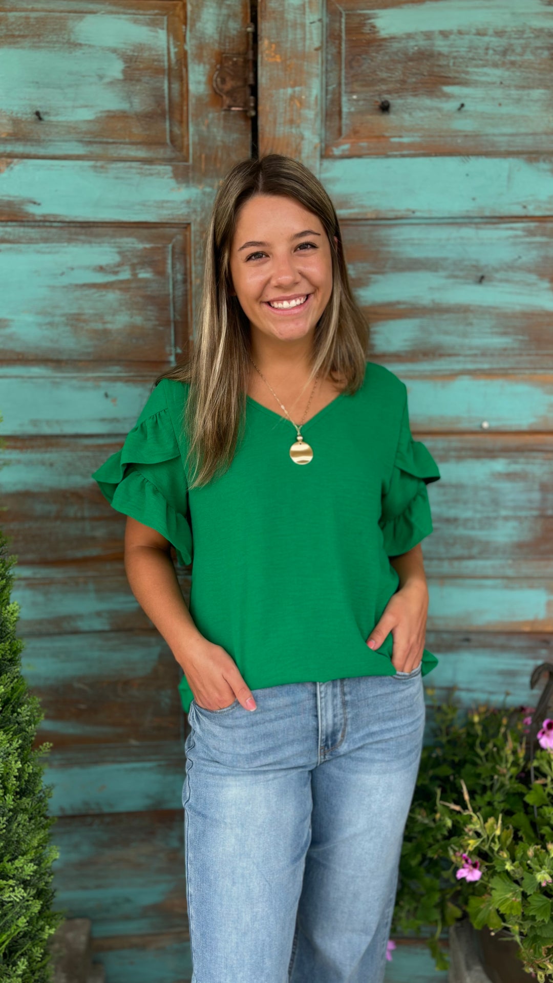 Bridget Ruffle Blouse-Short Sleeves-GeeGee-Evergreen Boutique, Women’s Fashion Boutique in Santa Claus, Indiana