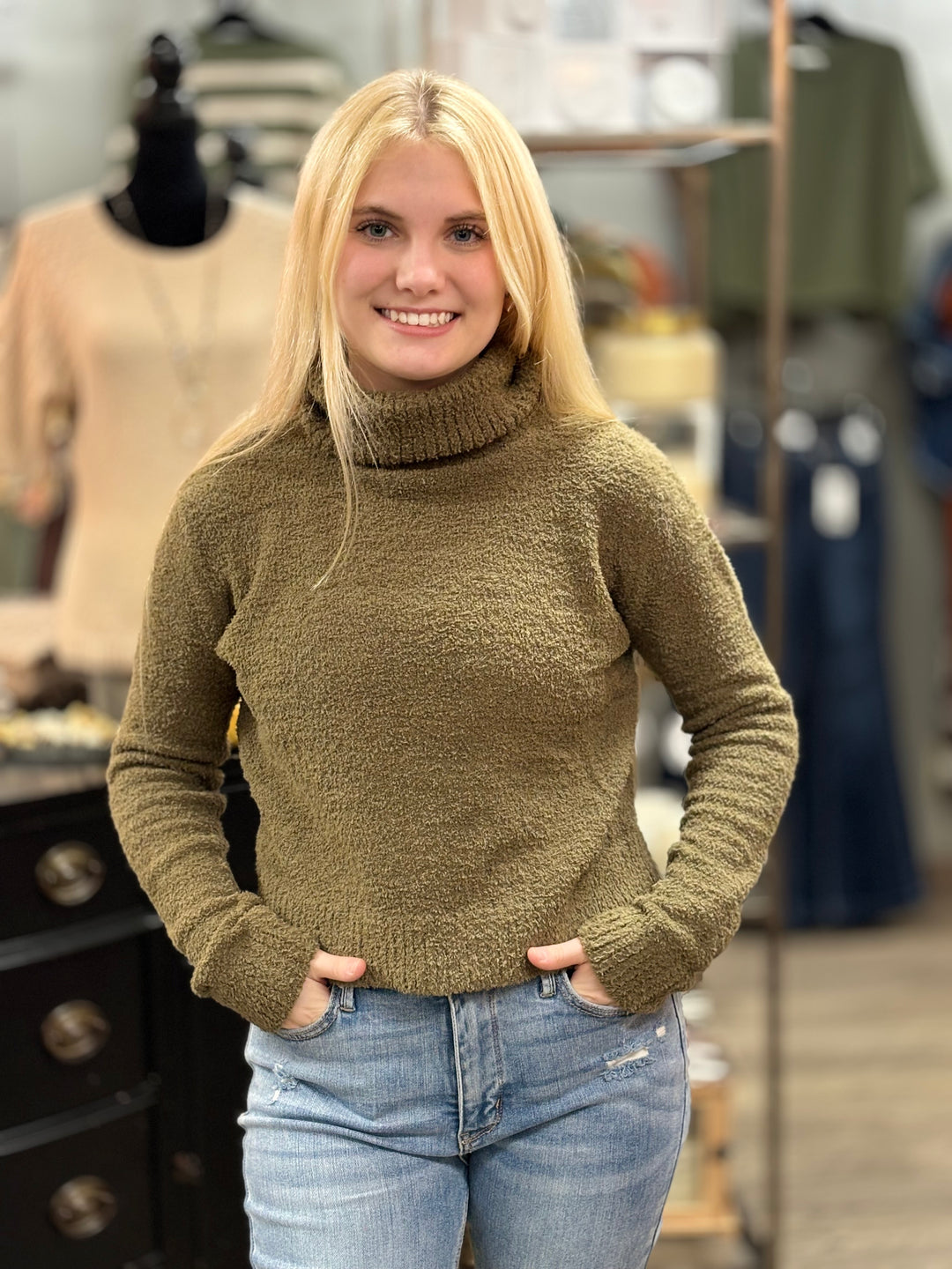 Olive Garden Turtleneck Sweater-Sweaters-42 Pops-Evergreen Boutique, Women’s Fashion Boutique in Santa Claus, Indiana