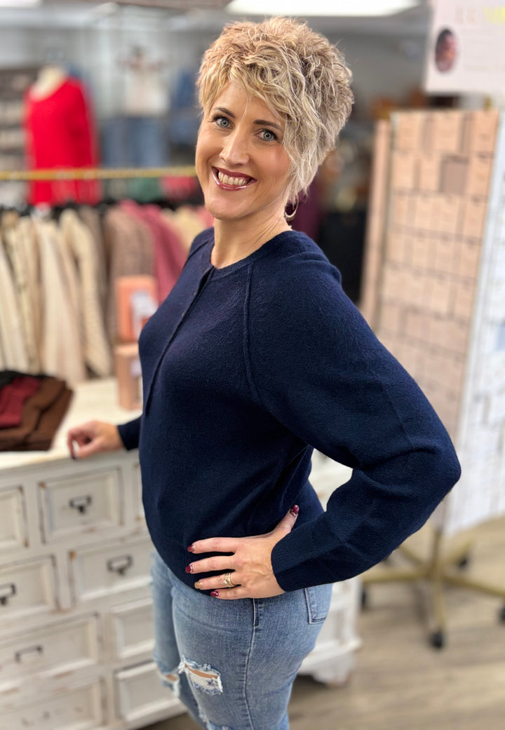 Raglan Sleeve Henley Relaxed Sweater-Tops-Blu Pepper-Evergreen Boutique, Women’s Fashion Boutique in Santa Claus, Indiana