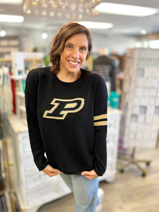 Front view of the women's black Purdue "P" logo cotton sweater with a slightly relaxed, true-to-size fit