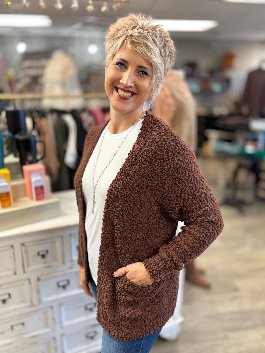 The Cleo Popcorn Sweater Cardigan-Tops-Zenana-Evergreen Boutique, Women’s Fashion Boutique in Santa Claus, Indiana
