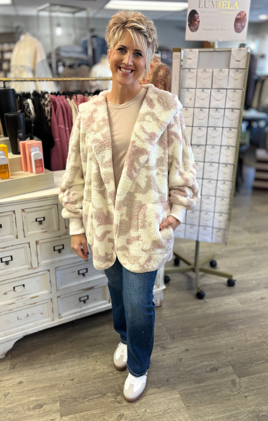 Tickle Me Pink Camo Sherpa Jacket-Tops-Hem & Thread-Evergreen Boutique, Women’s Fashion Boutique in Santa Claus, Indiana