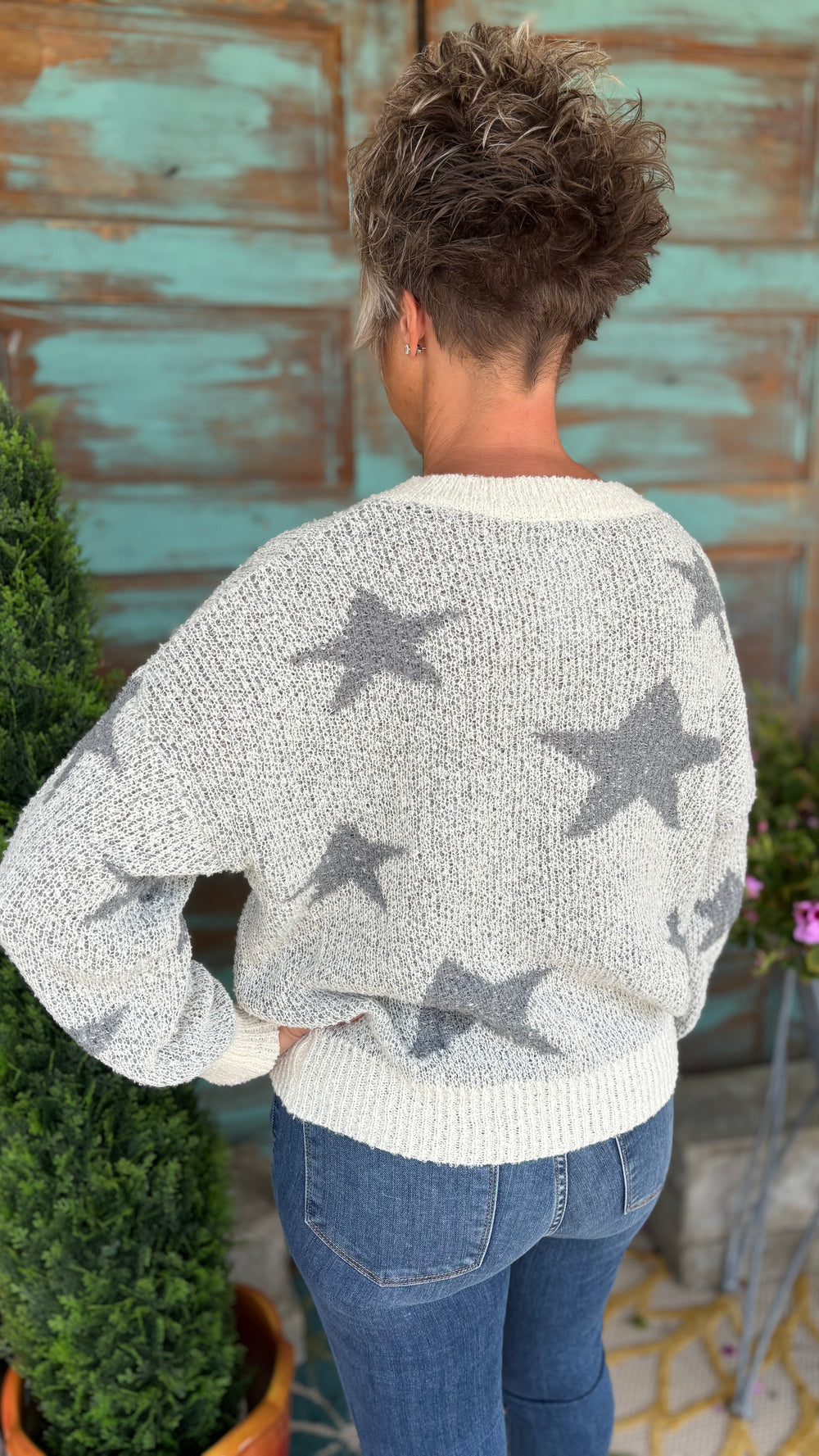 Stella V Neck Star Sweater-Sweaters-Gilli-Evergreen Boutique, Women’s Fashion Boutique in Santa Claus, Indiana