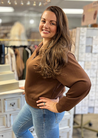 Hit Replay Half Zip Scuba Pullover by Zenana-Tops-Zenana-Evergreen Boutique, Women’s Fashion Boutique in Santa Claus, Indiana