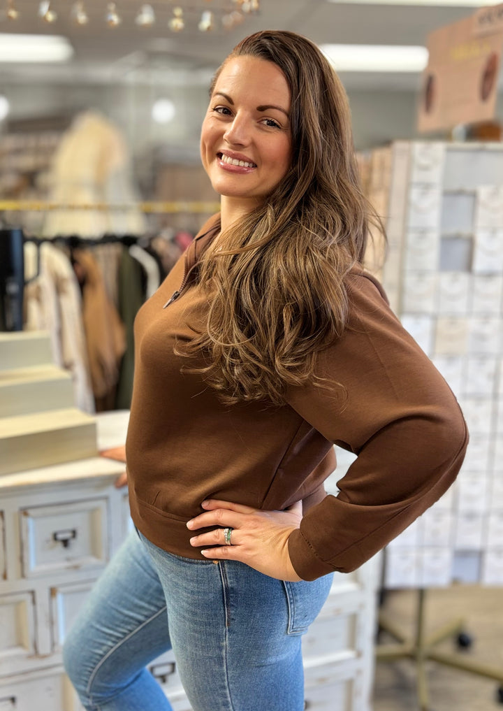 Hit Replay Half Zip Scuba Pullover by Zenana-Tops-Zenana-Evergreen Boutique, Women’s Fashion Boutique in Santa Claus, Indiana