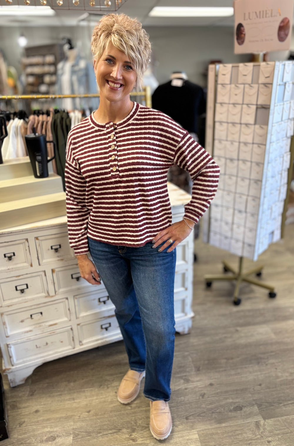 Textured Threads Henley Top-Tops-Blu Pepper-Evergreen Boutique, Women’s Fashion Boutique in Santa Claus, Indiana