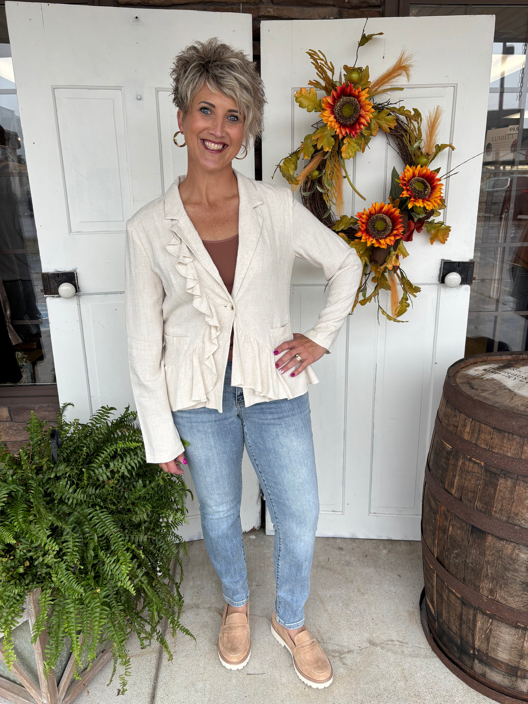 The Lila Ruffle Button Up Blazer-Jackets-NoaBoa-Evergreen Boutique, Women’s Fashion Boutique in Santa Claus, Indiana