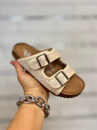 Cream tooled double strap sandal