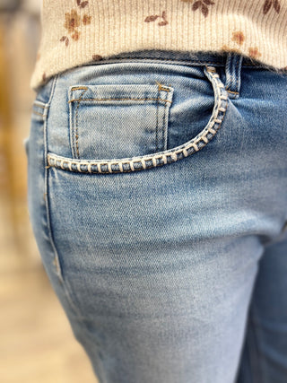 Risen High Rise Whipstitch Wide Leg Jeans