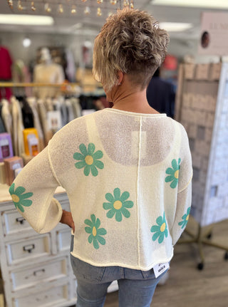 Person wearing a white sweater with green floral patterns in a store setting