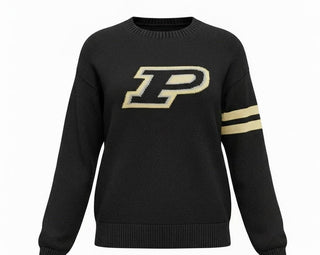 Purdue Boilermakers black crew neck sweater front with the gold "P" logo, 100% cotton